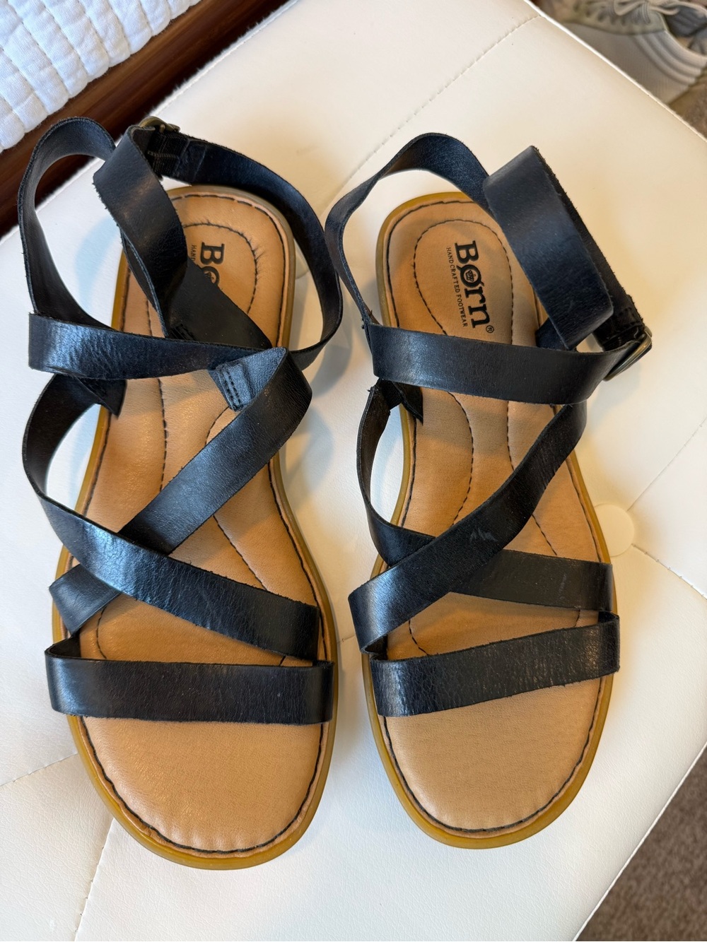 Born Black Strappy Leather Sandals with Tan Footbed